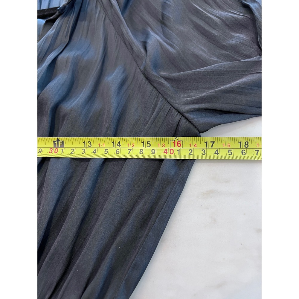 Black Pleated Satin Mini Dress XS Long Sleeve Tiered Ruffle Smocked Waist - Picture 5 of 8